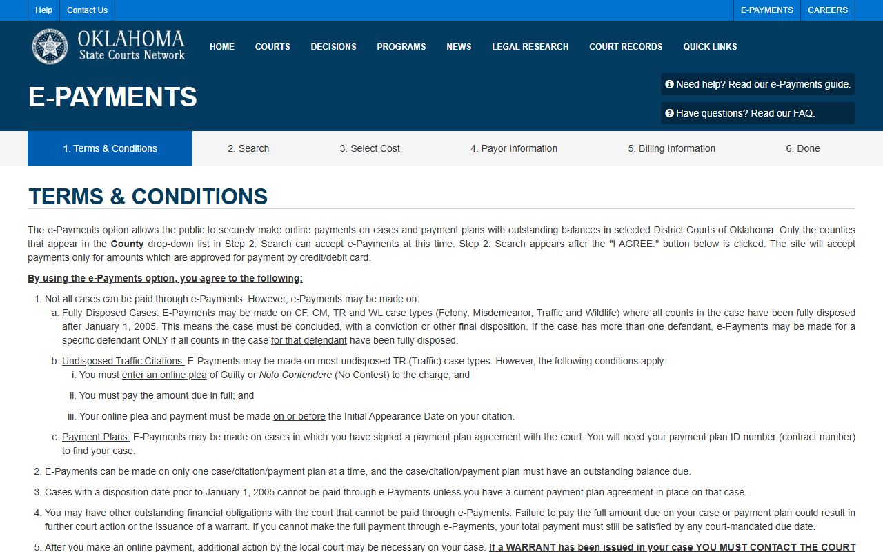 Adair County court dockets and court-cost payments on the OSCN e-Payments page