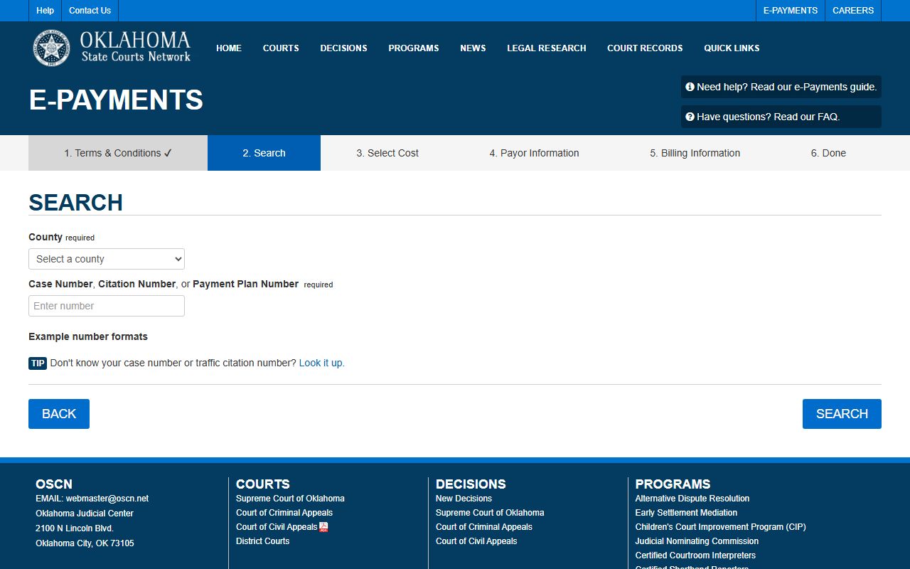 Adair County court dockets and case-number search on the OSCN e-Payments screen