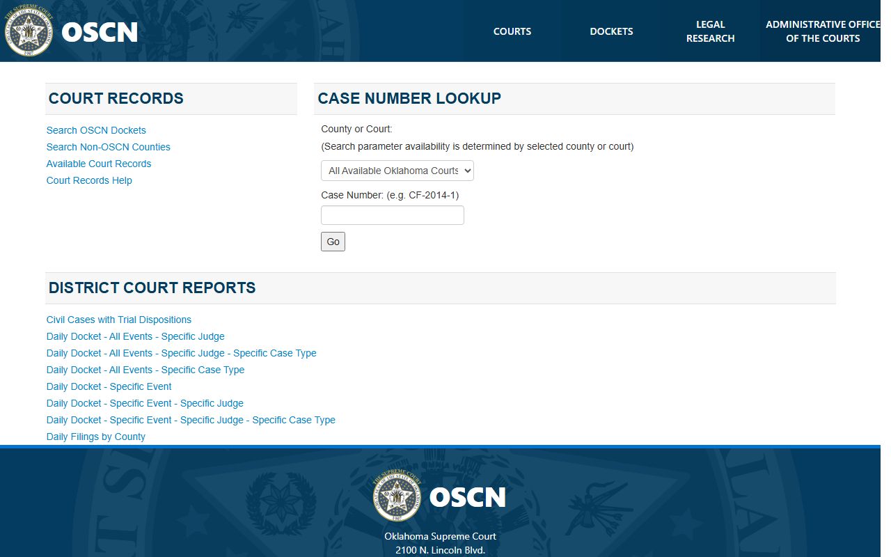 OSCN dockets landing page used to search Adair County court records