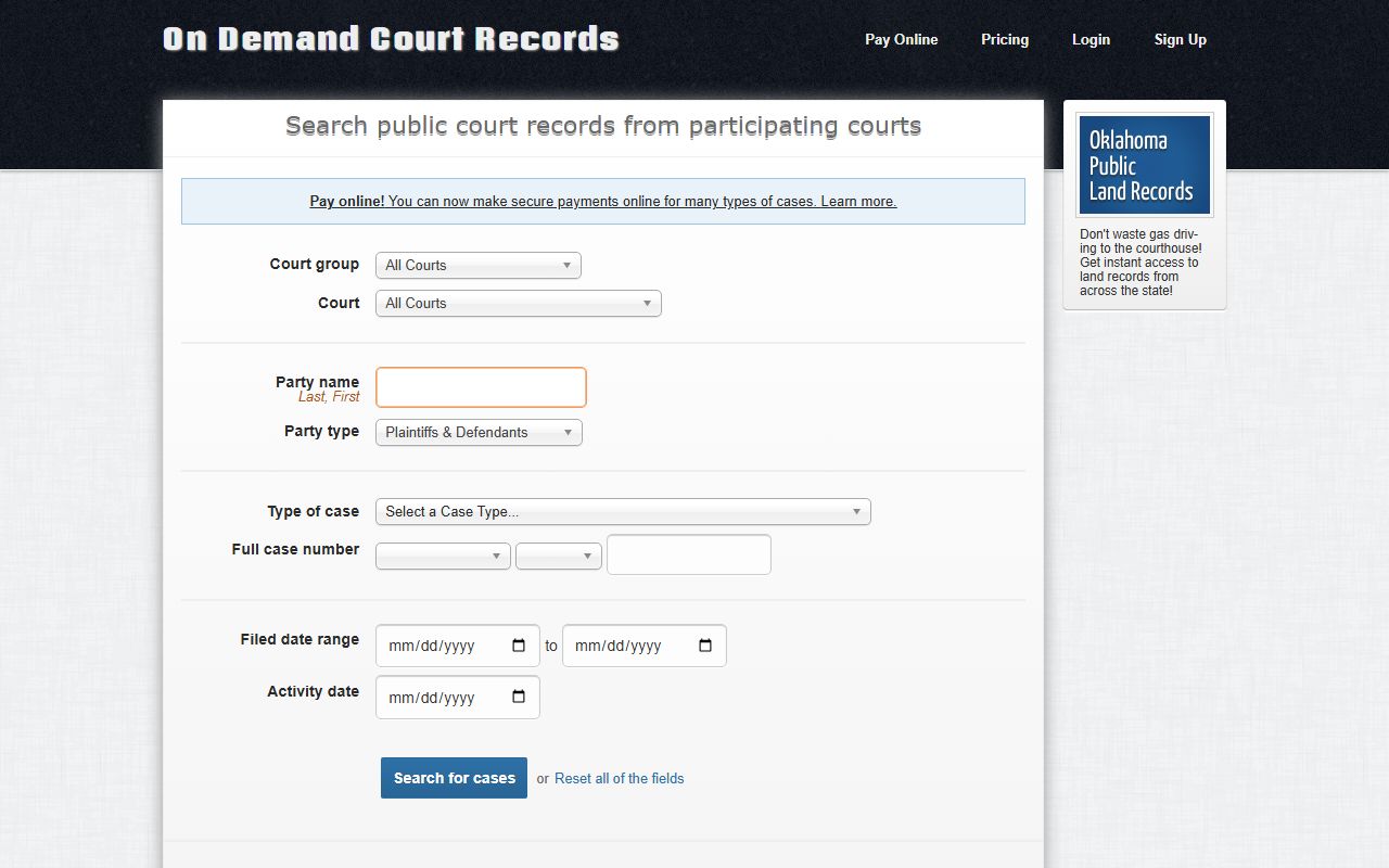 ODCR statewide portal used to search Adair County court records by name and case number