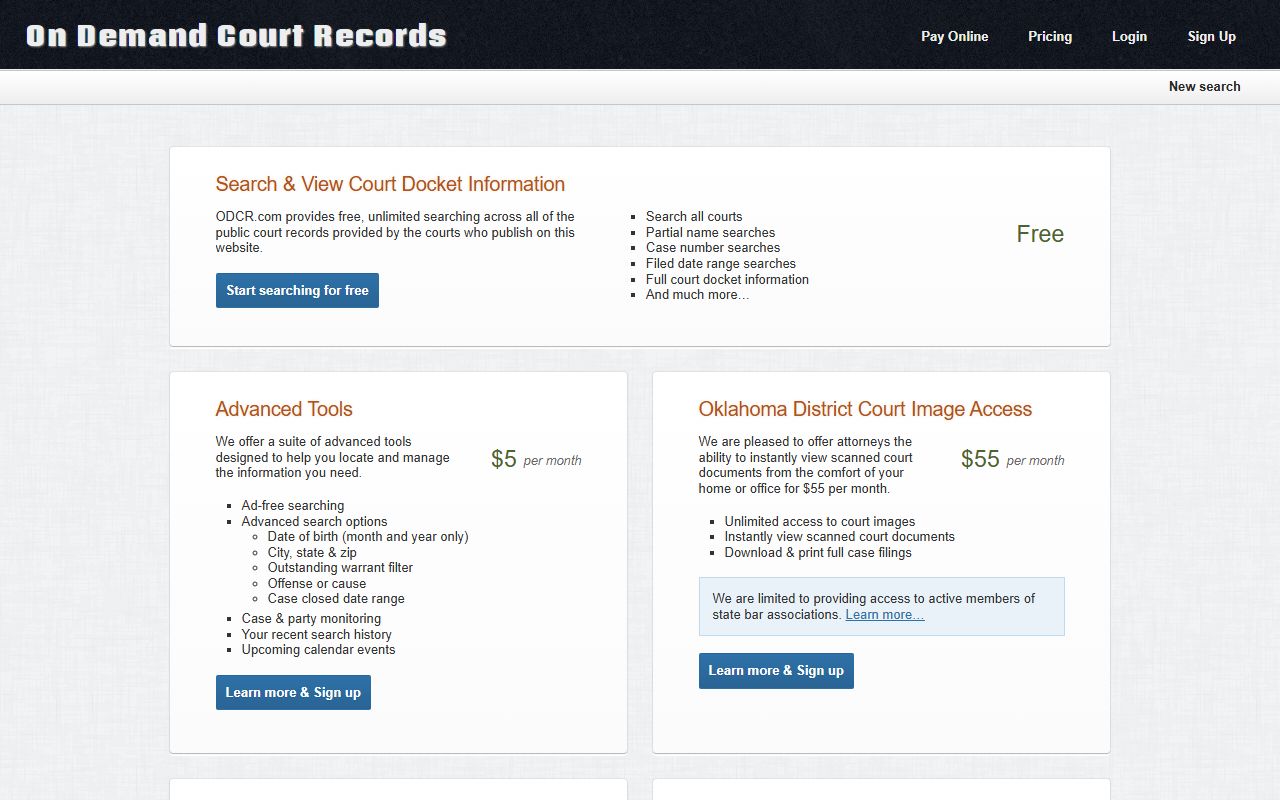 ODCR access tiers page explaining free and paid access to Adair County court records