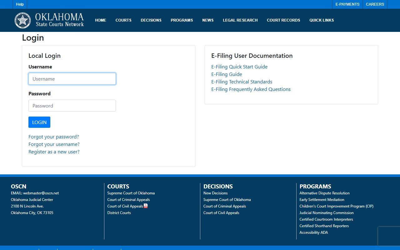 Oklahoma e-filing portal noting Rule 31 rules for Adair County court records