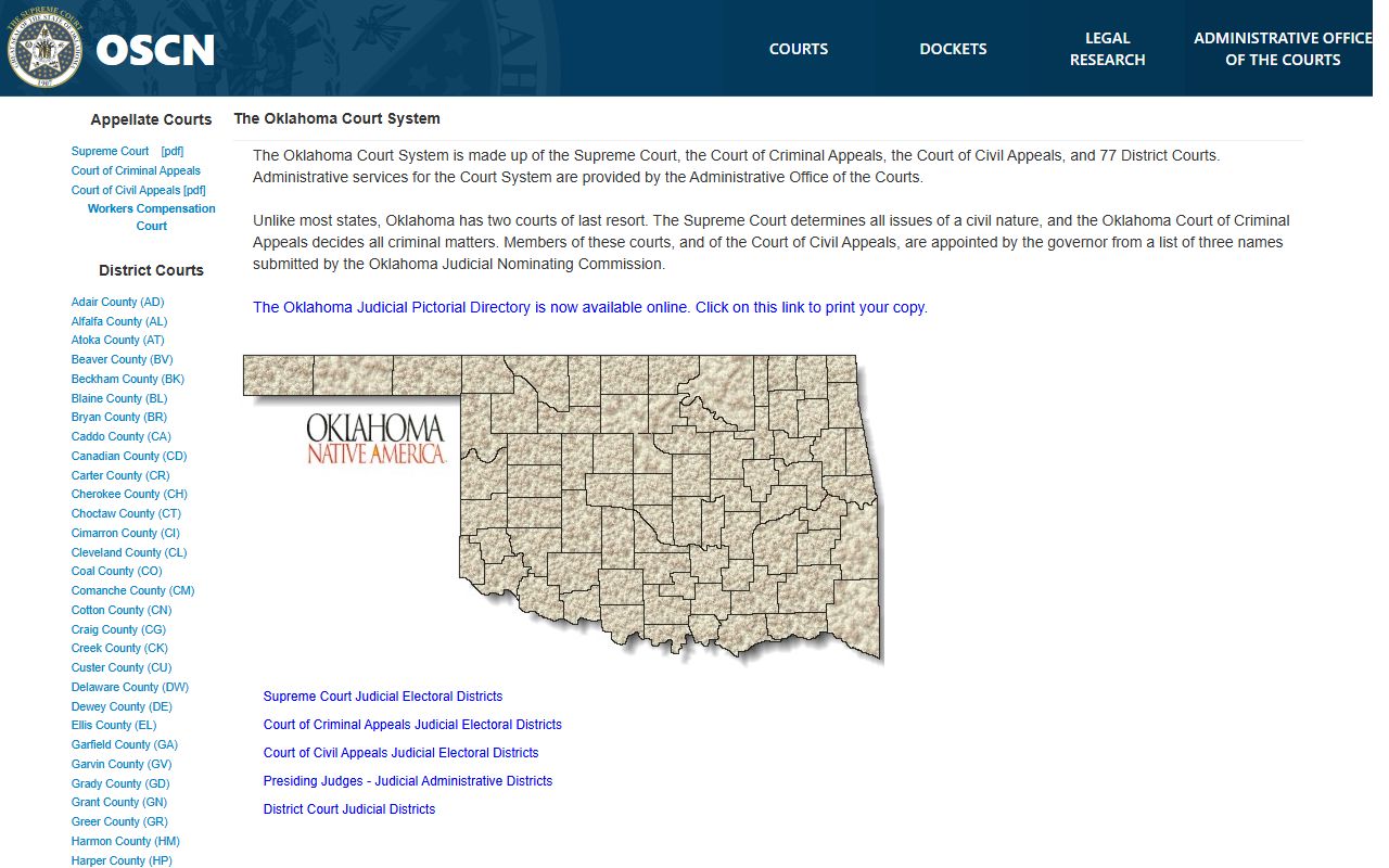 OSCN page describing the Oklahoma courts that hold Adair County court records