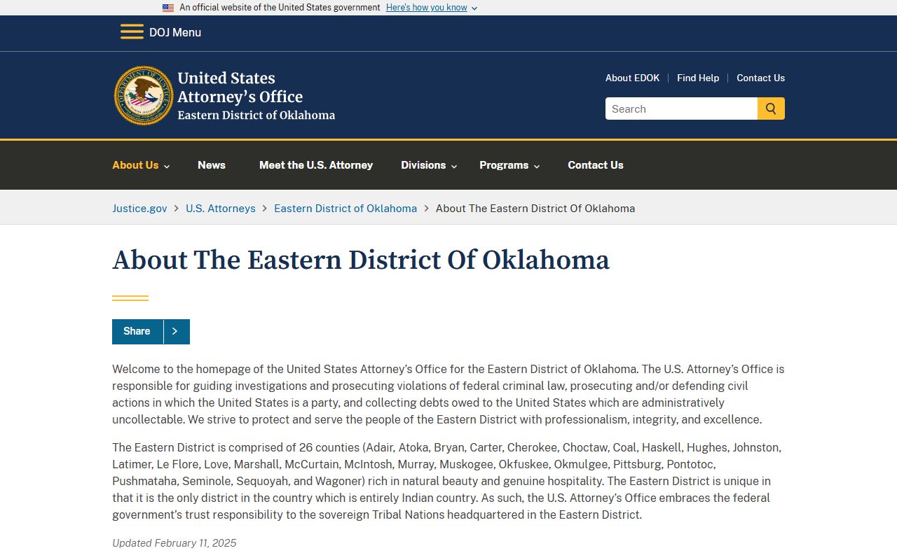 DOJ Eastern District page describing federal jurisdiction over Adair County court records