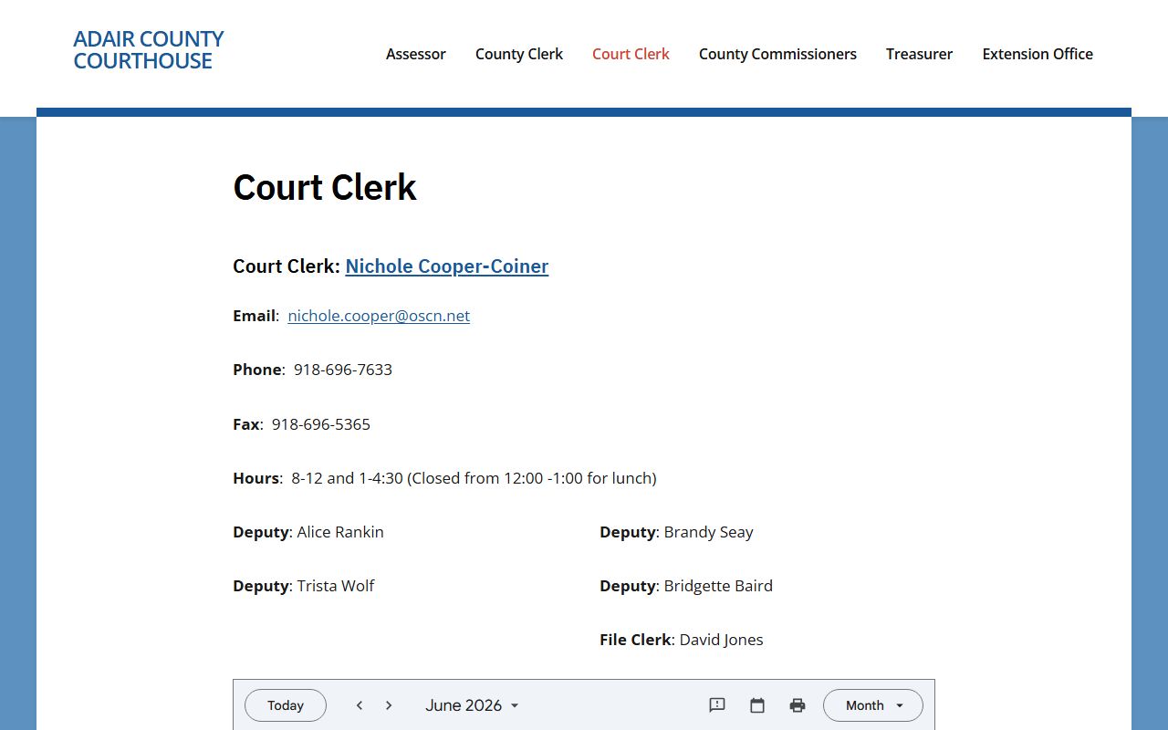 Adair County marriage records Court Clerk contact page
